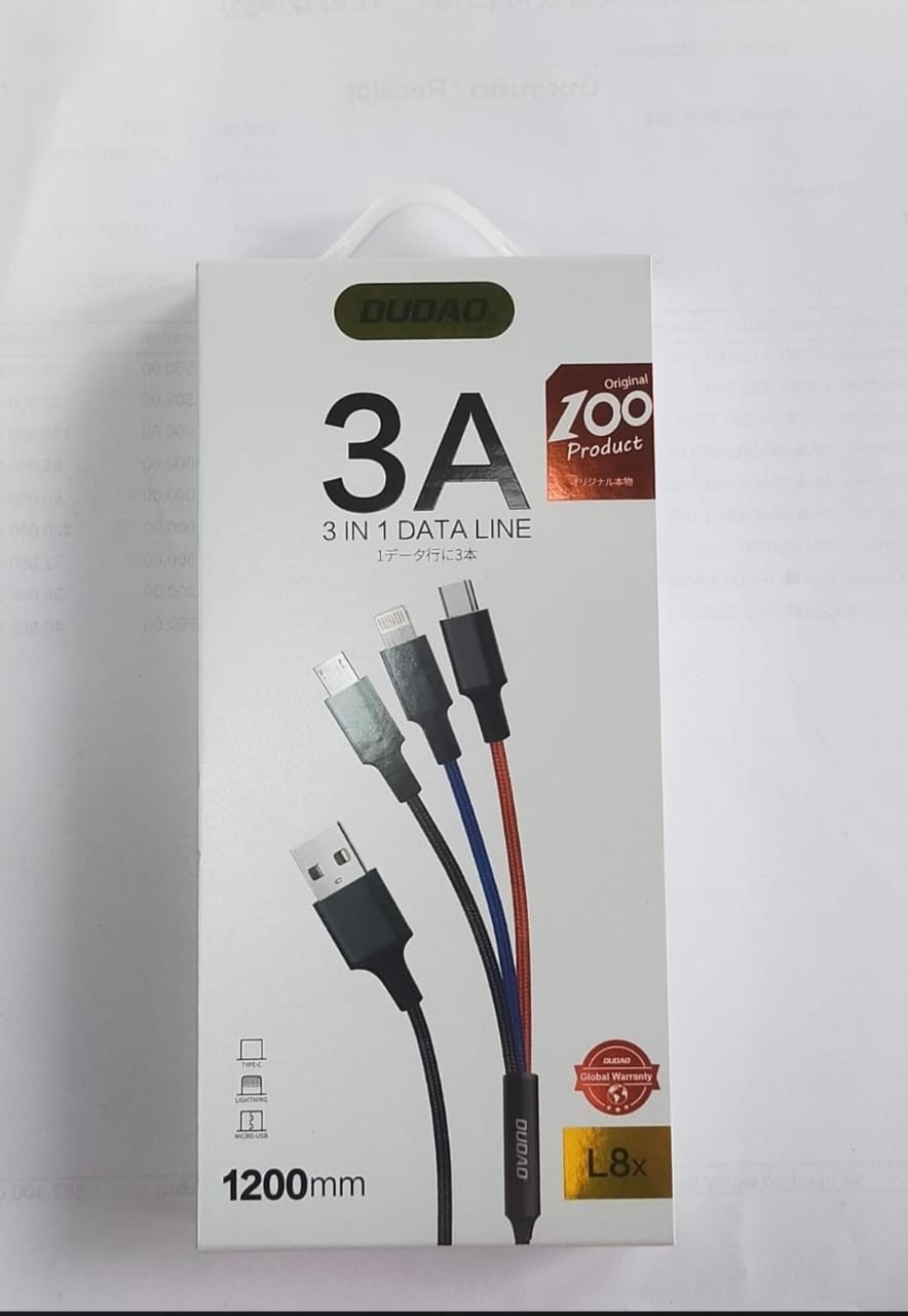 ສາຍສາກ USB 3in1 5A & 3A ຍີ່ຫໍ້: DUDAO ລຸ້ນ: L8A, L8X, L8S . ສາກເຂົ້າໄວ, ປອດໄພຕໍ່ການລັດວົງຈອນຂອງໄຟຟ້າ ໃຊ້ໄດ້ກັບມືຖືທຸກລຸ້ນ.