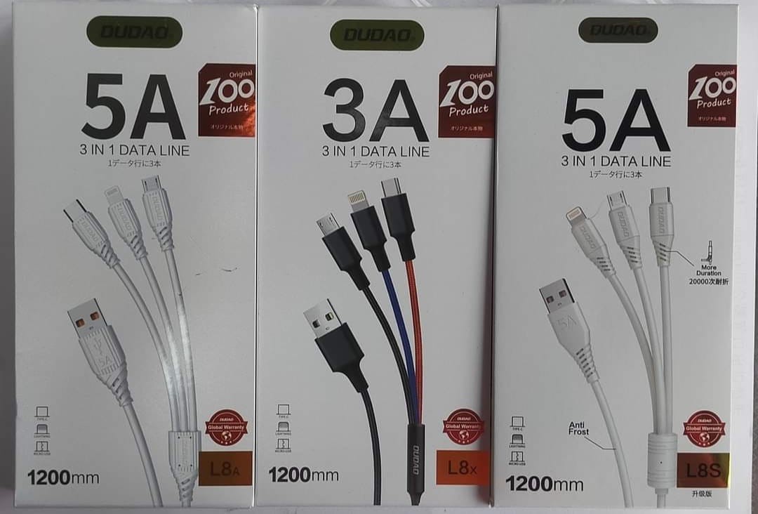 ສາຍສາກ USB 3in1 5A & 3A ຍີ່ຫໍ້: DUDAO ລຸ້ນ: L8A, L8X, L8S . ສາກເຂົ້າໄວ, ປອດໄພຕໍ່ການລັດວົງຈອນຂອງໄຟຟ້າ ໃຊ້ໄດ້ກັບມືຖືທຸກລຸ້ນ.
