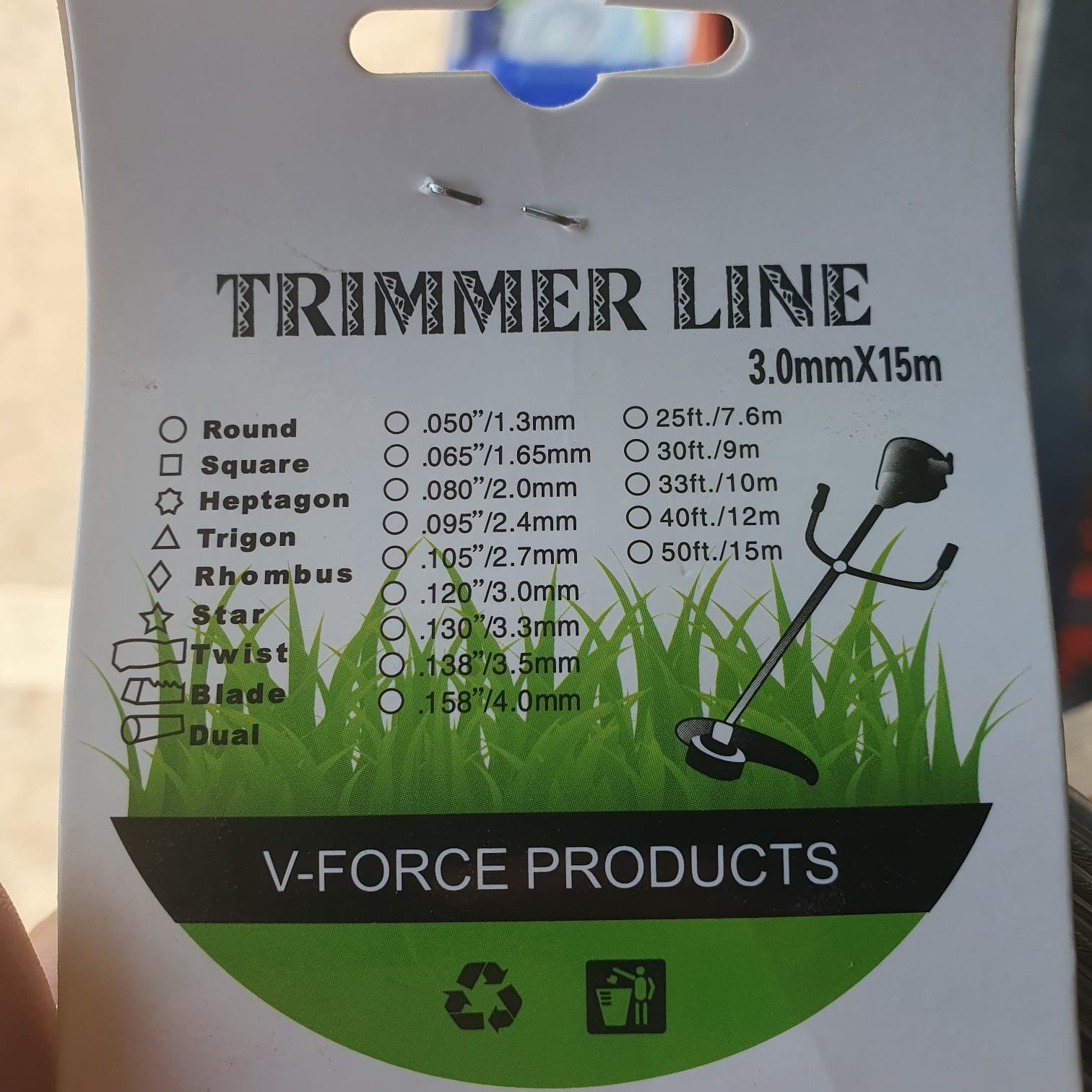 ສາຍເອັນຕັດຫຍ້າ ຍີ່ຫໍ້: TIRMMER LINE 3.00mm×15m, ຜະລິດຕະພັນ V-FORCE PRODUCTS, ສາຍເອັນຕັດຫຍ້າຂະໜາດ 3mm ຍາວ 15m ທາງໃນເປັນສາຍສະລິງ ຕັດຫຍ້າໄດ້ດີ ແລະ ຂາດຍາກ.