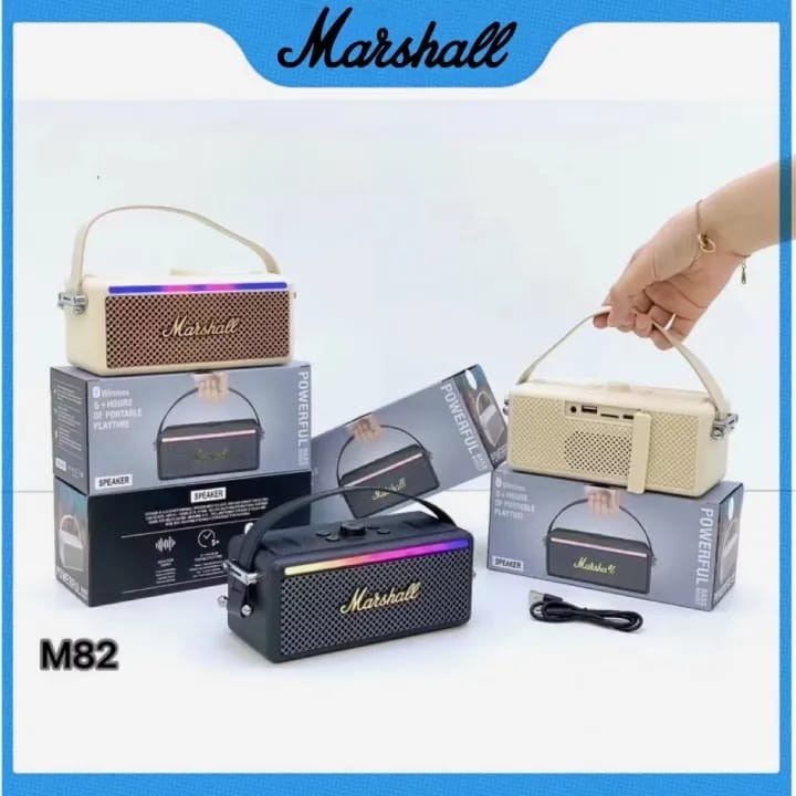 ລຳໂພງ Marshall ລຸ້ນ82 ອອກໃໝ່ລ່າສຸດ, ມີໄຟ LED, ສຽງມ່ວນອອ່ນນຸ້ມຫູໃນເວລາຟັງ, ແບັດທົນທານ,ສາກ1-2ຊົ່ວໂມງໃຊ້ໄດ້4-5ຊົ່ວໂມງ