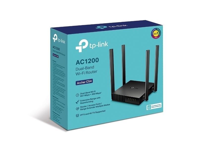 ເລົາເຕີ້ Archer C54 ເປັນ Router ຕໍ່ສາຍ LANຄວາມໄວ Wi-Fi AC1200 ສອງຄື່ນ: 300 Mbps ທີ່ 2.4 GHz ແລະ 867 Mbps ທີ່ 5 GHz