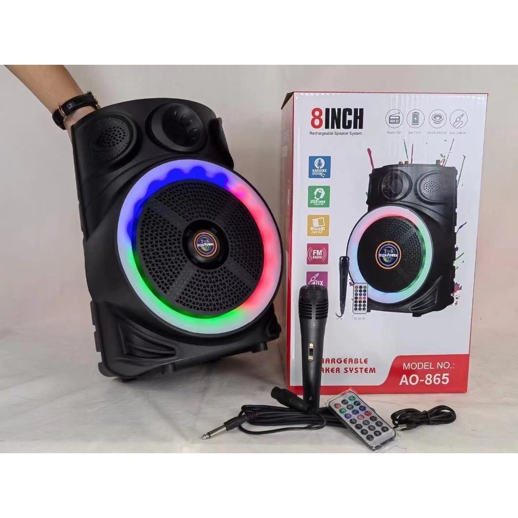 ລຳໂພງ 8INCH ລຸ້ນ AO-865 ລຳໂພງບູທູດ ມີໄຟ RGB ແລະໄມໂຄຣໂຟນໄມໂຄຣໂຟນສາຍ 1 ອັນ  ລີໂມດຄວບຄຸມ 1 ອັນ ລາຄາຕ່ຳຄຸ້ມຄ່າ