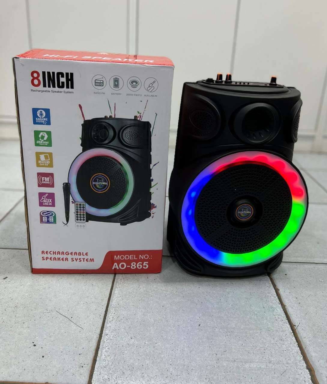 ລຳໂພງ 8INCH ລຸ້ນ AO-865 ລຳໂພງບູທູດ ມີໄຟ RGB ແລະໄມໂຄຣໂຟນໄມໂຄຣໂຟນສາຍ 1 ອັນ  ລີໂມດຄວບຄຸມ 1 ອັນ ລາຄາຕ່ຳຄຸ້ມຄ່າ