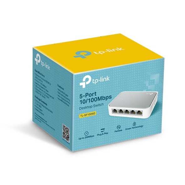 ພອດTP-LINK ລຸ້ນ .TL-SF1005D ສວິດ 5-ພອດ 10/100Mbps  ທັງ 5 ພອດ ຮອງຮັບ Auto-MDI/MDIX,  ສາມາດປະມວນຂໍ້ມູນດ້ວຍຄວາມໄວສູງສຸດເຖິງ 200Mbps TL-SF1005D ຊ່ວຍປະຫຍັດດການໃຊ້ໄຟໄດ້ສູງສຸດ 60%