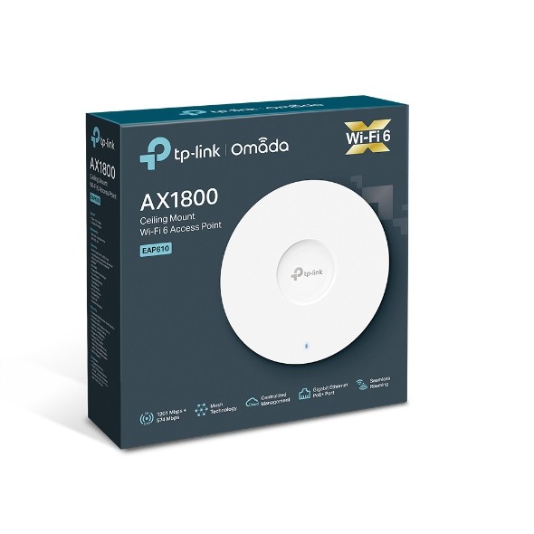 ອຸປະກອນກະຈາຍສັນຍານ TP-Link ລຸ້ນ EAP610 ອຸປະກອນກະຈາຍສັນຍານໄລະຍະໄກ Wi-Fi ລະດັບສູງ (Access Point) ຕິດຕັ້ງແບບຕິດເພາດານ ຫລື ຜະໜັງ  (Ceiling Mount) ເຫມາະສົມສໍາລັບອາຄານ ສໍານັກງານ ແລະສະຖານທີ່ຂະຫນາດໃຫຍ່.