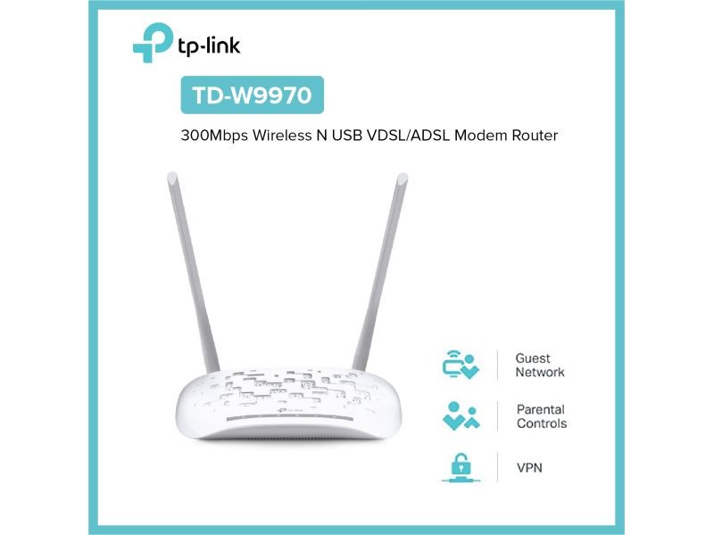 ເຄື່ອງສົ່ງສັນຍາ Wi-Fi ແລະ Modem VDSL/ADSL ຄວາມໄວ 300Mbps ຍີ່ຫໍ້ TP-LINK ລຸ້ນ TD-W9970 ຮອງຮັບ USB ແລະພໍດ LAN 4 ຈຸດ ພ້ອມໃຊ້ງານໄດ້ທັນທີ (ເເບບຕໍ່ສາຍເເລນ)