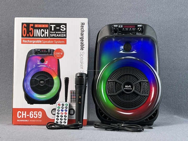 ເຄື່ອງລຳໂພງພົກພາ HI-FI ຂະໜາດ 6.5 ນິ້ວ ລຸ່ນ CH-659 ອອກແບບເພື່ອການໃຊ້ງານສ່ວນຕົວ ພ້ອມກຳລັງຂັບສຽງແນ່ນຟັງມ່ວນ ລາຄາຖືກຄຸ້ມຄ່າ  ໄມໂຄຣໂຟນສາມາດຮ້ອງເພງໄດ້ 