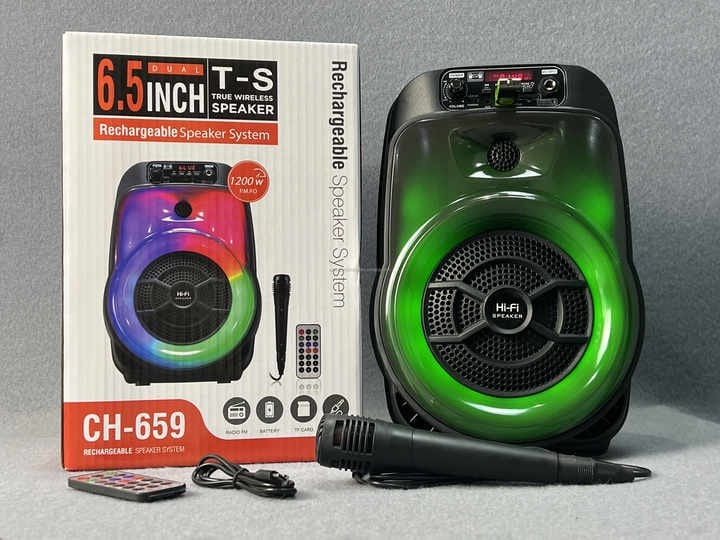 ເຄື່ອງລຳໂພງພົກພາ HI-FI ຂະໜາດ 6.5 ນິ້ວ ລຸ່ນ CH-659 ອອກແບບເພື່ອການໃຊ້ງານສ່ວນຕົວ ພ້ອມກຳລັງຂັບສຽງແນ່ນຟັງມ່ວນ ລາຄາຖືກຄຸ້ມຄ່າ  ໄມໂຄຣໂຟນສາມາດຮ້ອງເພງໄດ້ 