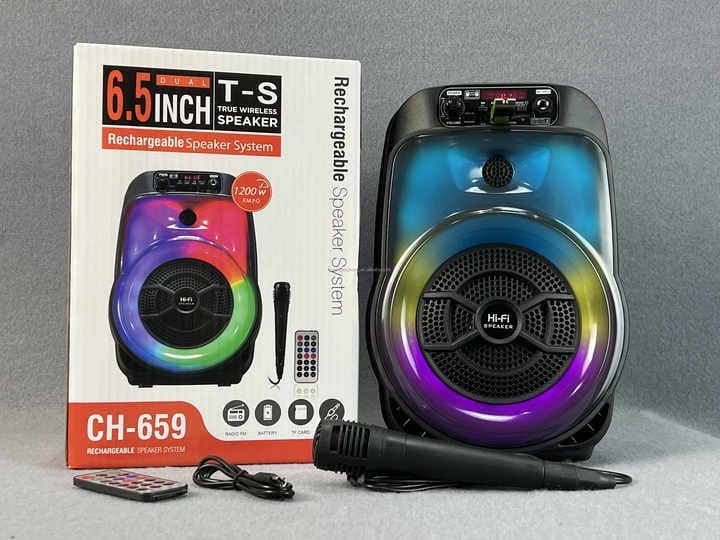 ເຄື່ອງລຳໂພງພົກພາ HI-FI ຂະໜາດ 6.5 ນິ້ວ ລຸ່ນ CH-659 ອອກແບບເພື່ອການໃຊ້ງານສ່ວນຕົວ ພ້ອມກຳລັງຂັບສຽງແນ່ນຟັງມ່ວນ ລາຄາຖືກຄຸ້ມຄ່າ  ໄມໂຄຣໂຟນສາມາດຮ້ອງເພງໄດ້ 