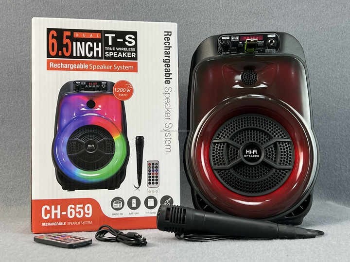 ເຄື່ອງລຳໂພງພົກພາ HI-FI ຂະໜາດ 6.5 ນິ້ວ ລຸ່ນ CH-659 ອອກແບບເພື່ອການໃຊ້ງານສ່ວນຕົວ ພ້ອມກຳລັງຂັບສຽງແນ່ນຟັງມ່ວນ ລາຄາຖືກຄຸ້ມຄ່າ  ໄມໂຄຣໂຟນສາມາດຮ້ອງເພງໄດ້ 